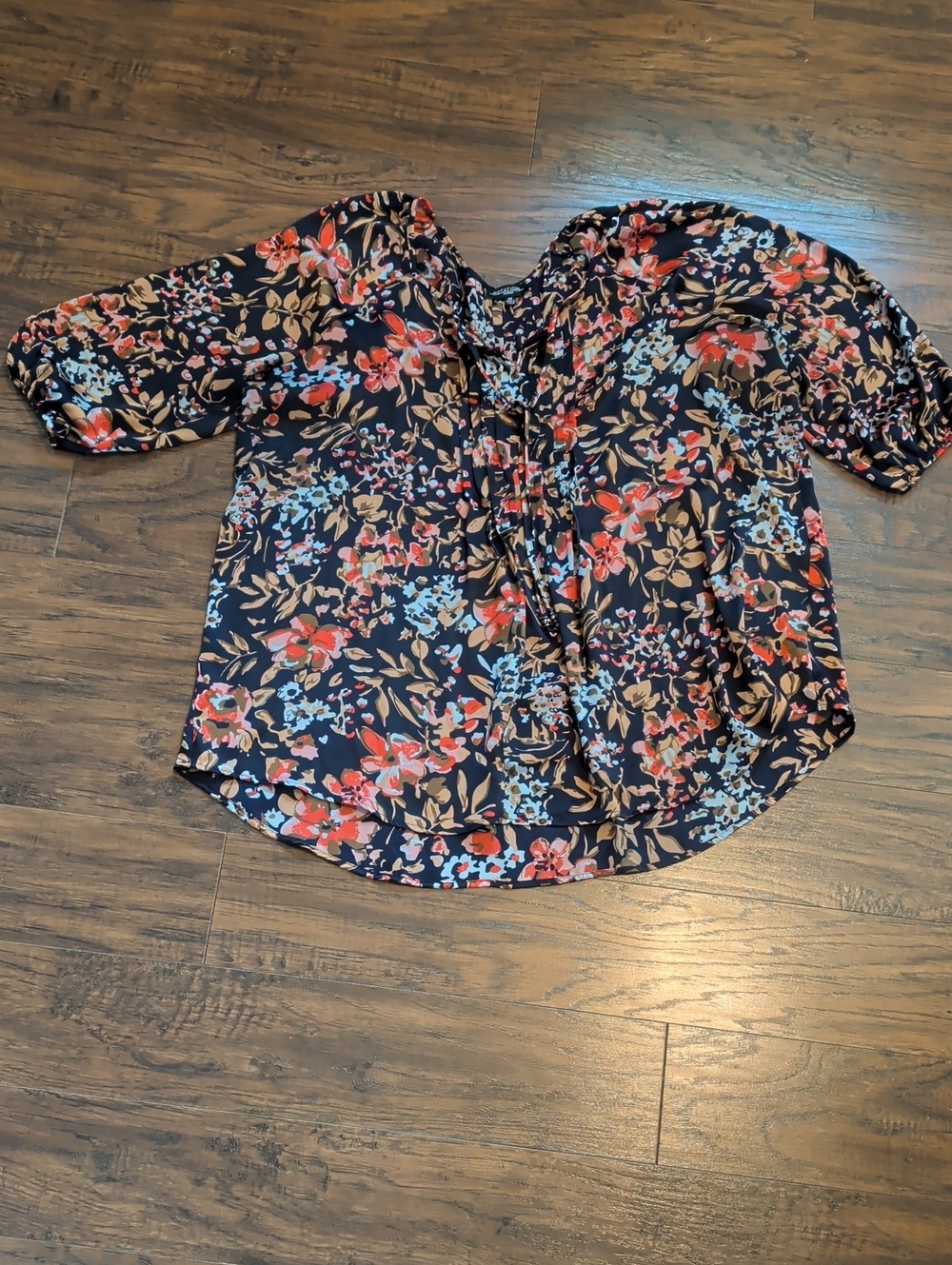 Floral Women's Top - Navy with Red & Blue Flowers